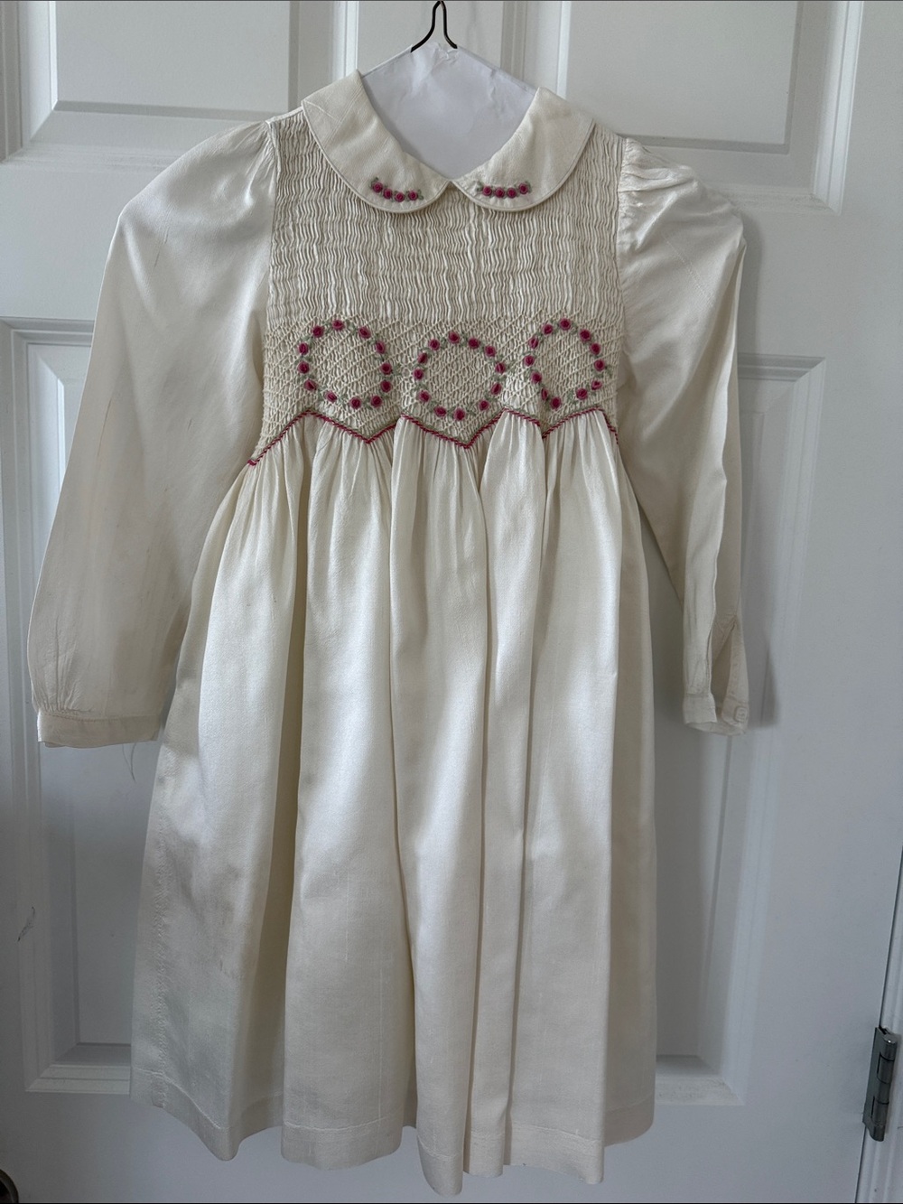 Girls’ Laura Ashley Cream Long-Sleeve Dress with Pink Smocked Detail